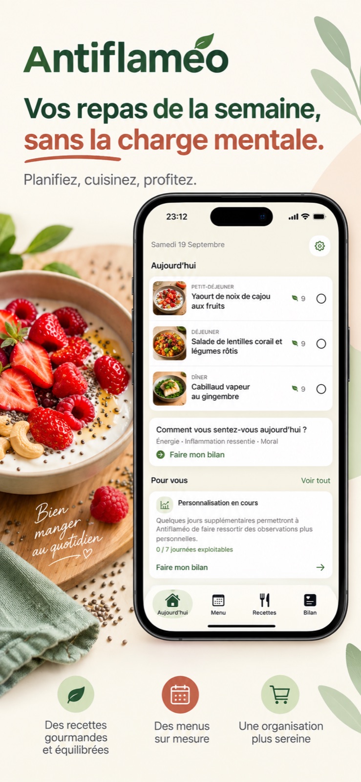 Écran d’accueil d’Antiflaméo présentant les repas du jour et le suivi de bien-être