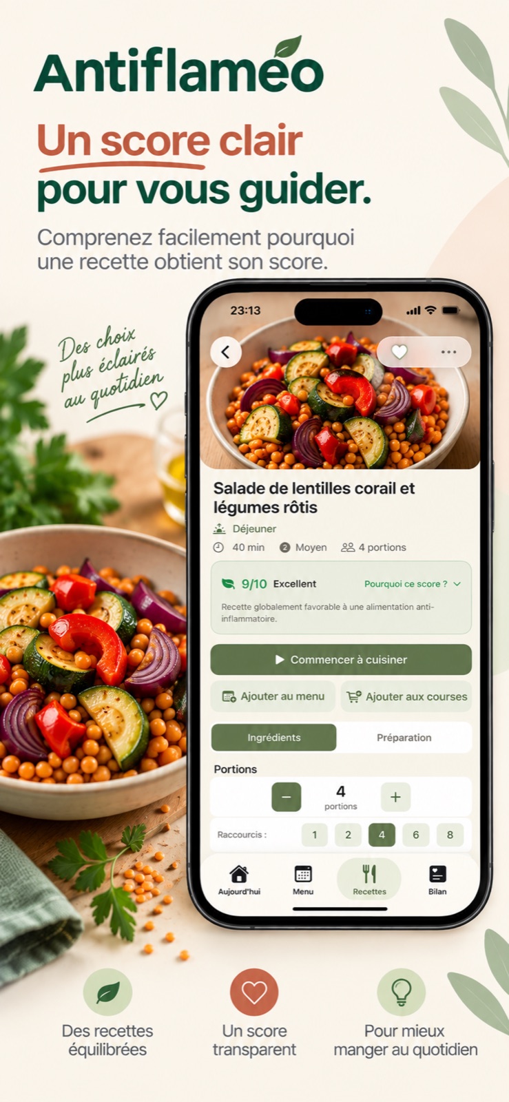 Fiche recette Antiflaméo avec photo, score détaillé et réglage des portions